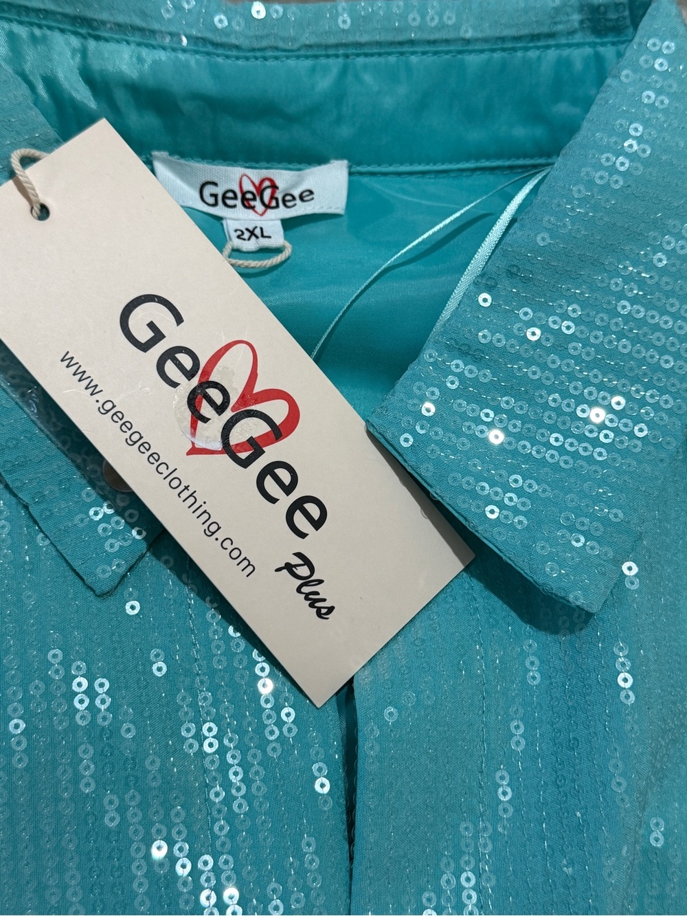 GeeGee Teal Sequin Button-Front Women's Top. Sz 2XL. NWT. - Picture 9 of 11